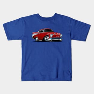 Classic hot rod 57 muscle car, low profile, big tires and rims, candy apple red cartoon Kids T-Shirt